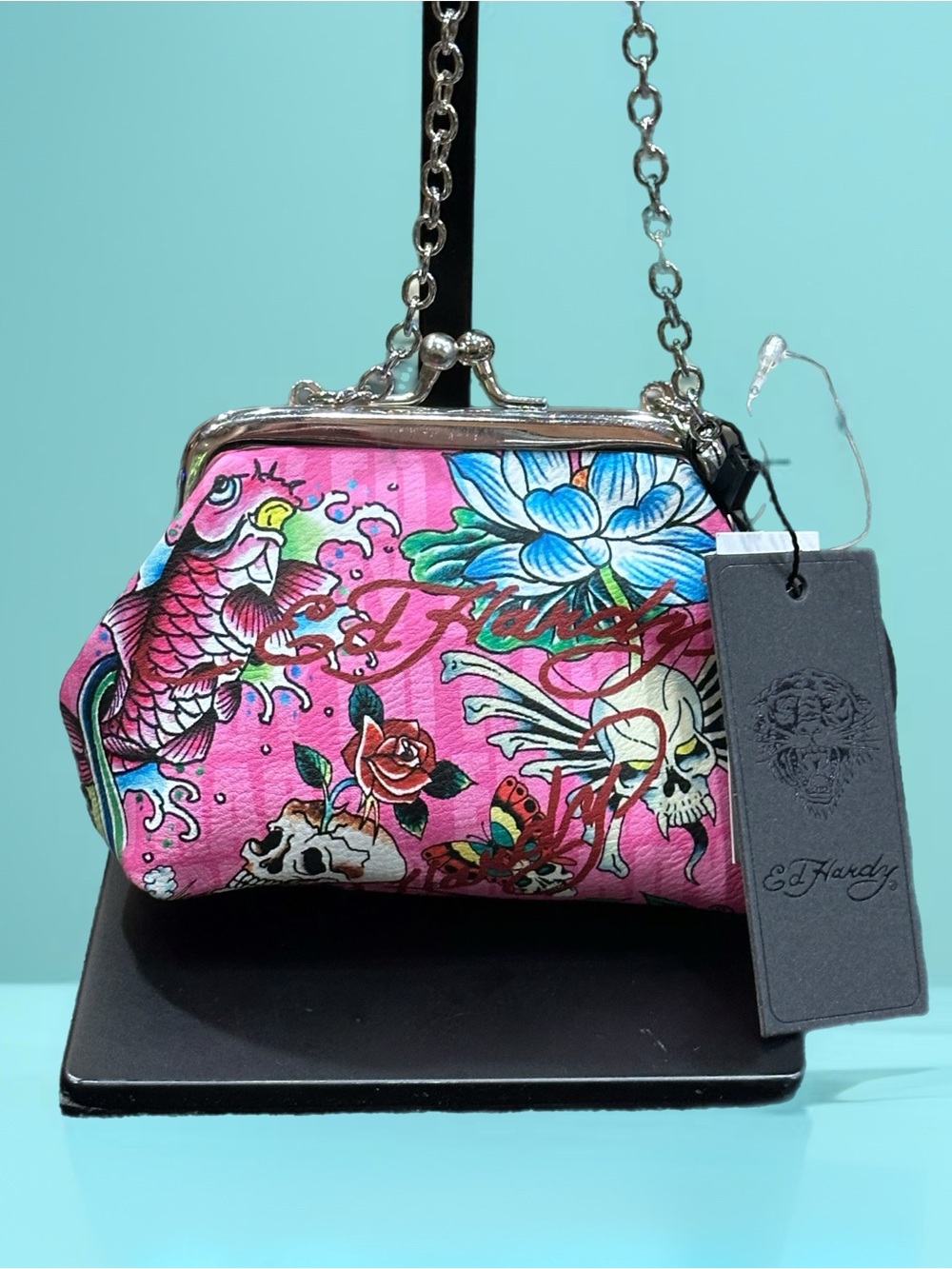 Ed Hardy Pink Floral Mini Crossbody with Silver Chain - Picture 3 of 4